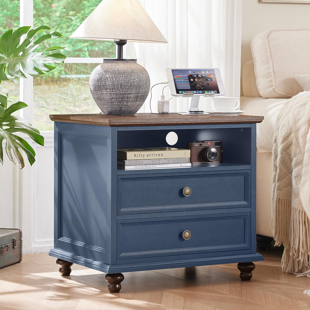 Blue 2 Drawer Nightstand Set of 2 with Charging Station Z567318