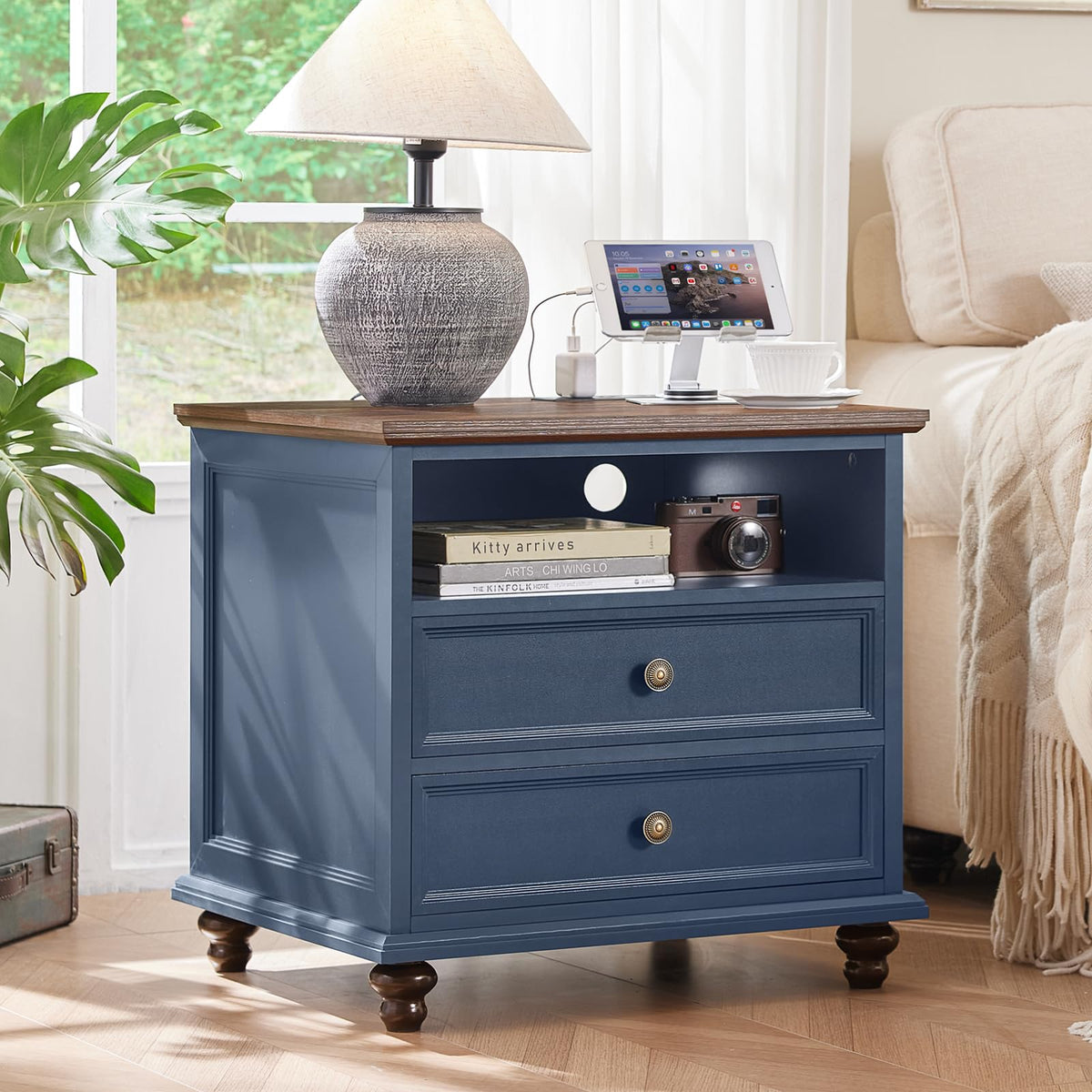 Blue 2 Drawer Nightstand Set of 2 with Charging Station Z567318