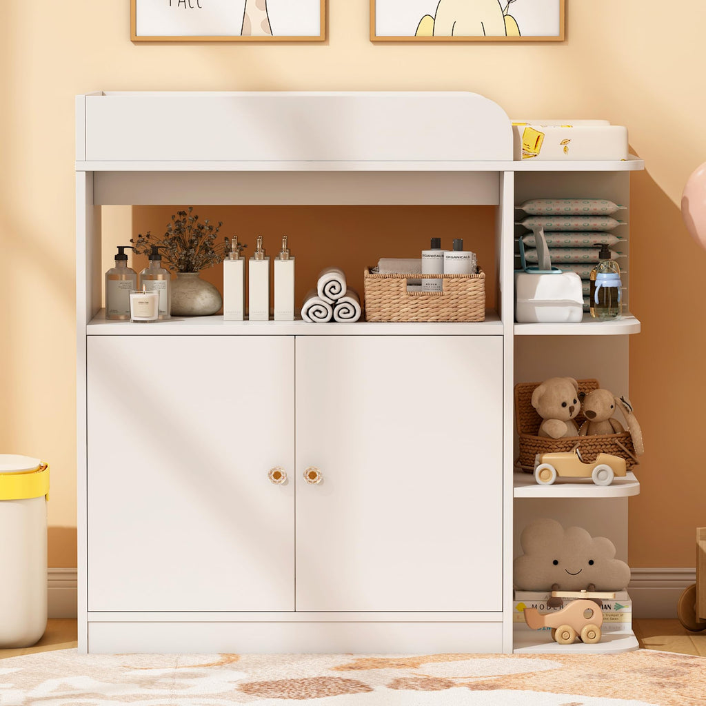White Wood Changing Table Dresser with Cabinet R15263