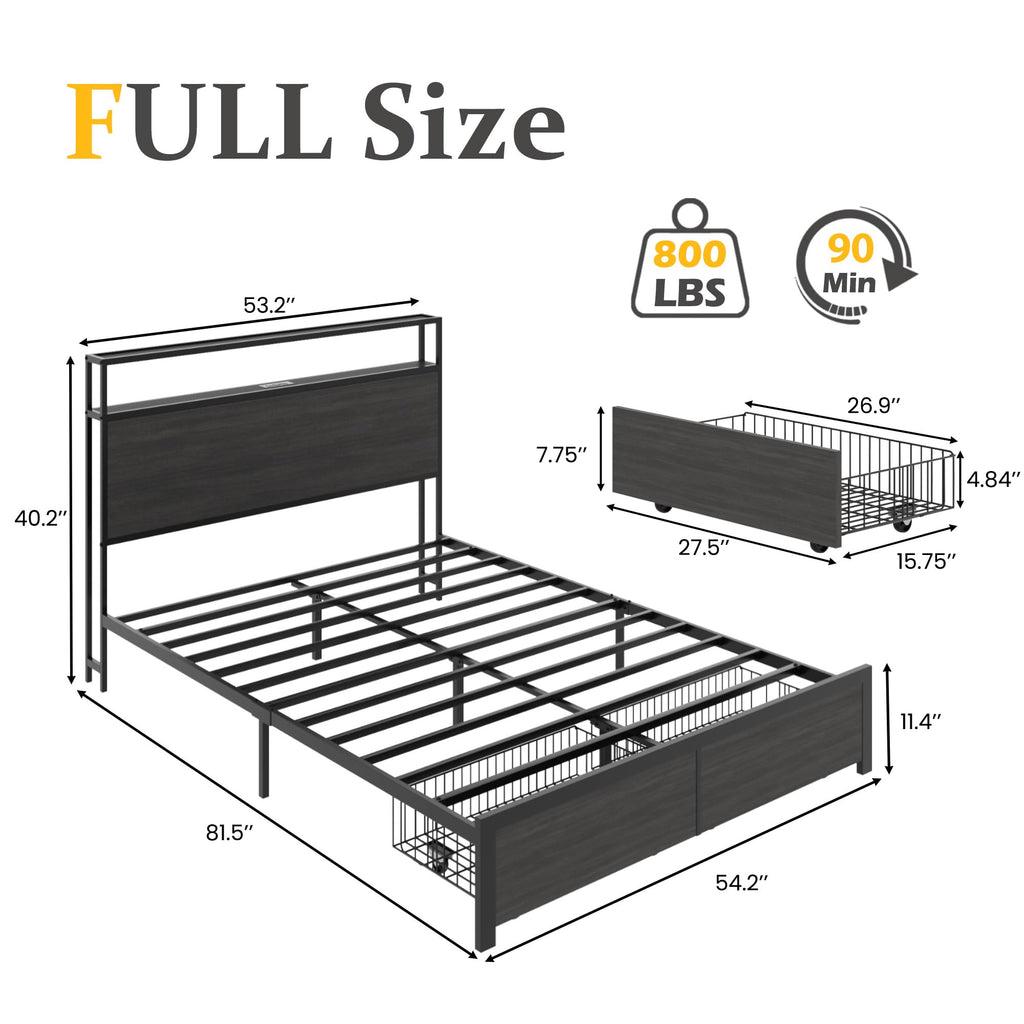 Rustic Grey Full Bed Frame with Charging Station W12828