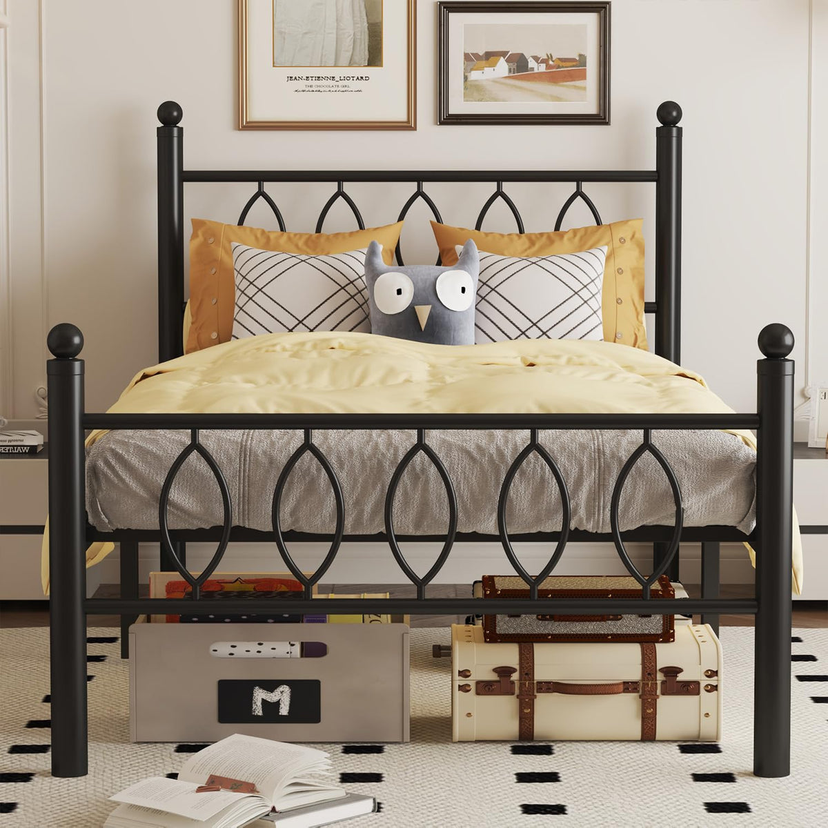 Black 14 Inch Metal Platform Twin Bed Frame with Headboard B2174