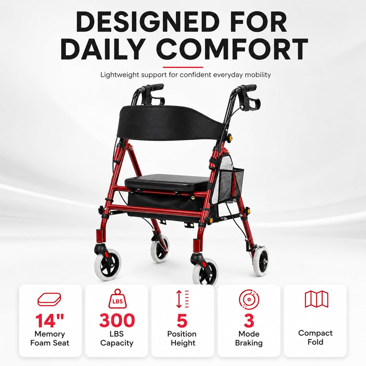 Foldable Rollator Walker with Seat, 300 Lb Capacity, Red D336