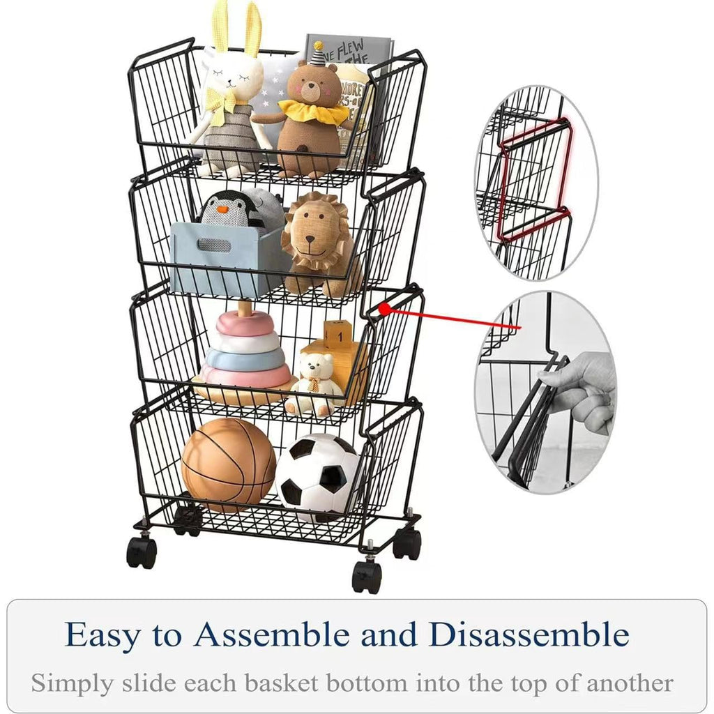 4-Tier Stackable Wire Storage Baskets with Wheels W985