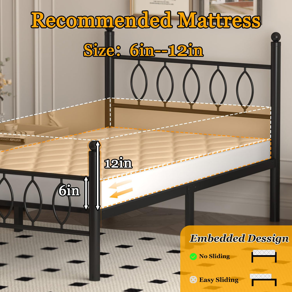 Black 14 Inch Metal Platform Twin Bed Frame with Headboard B2174