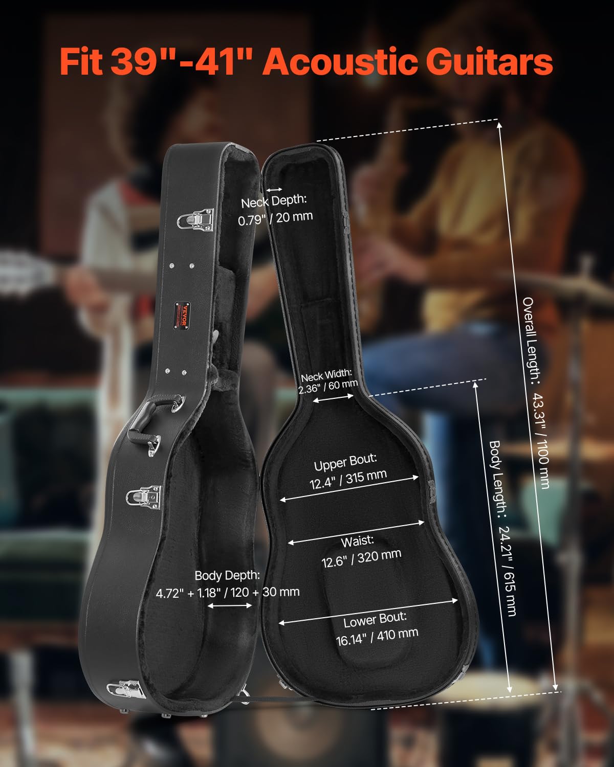 Black 43.31 in Gourd-Shaped Acoustic Guitar Hard Case V730