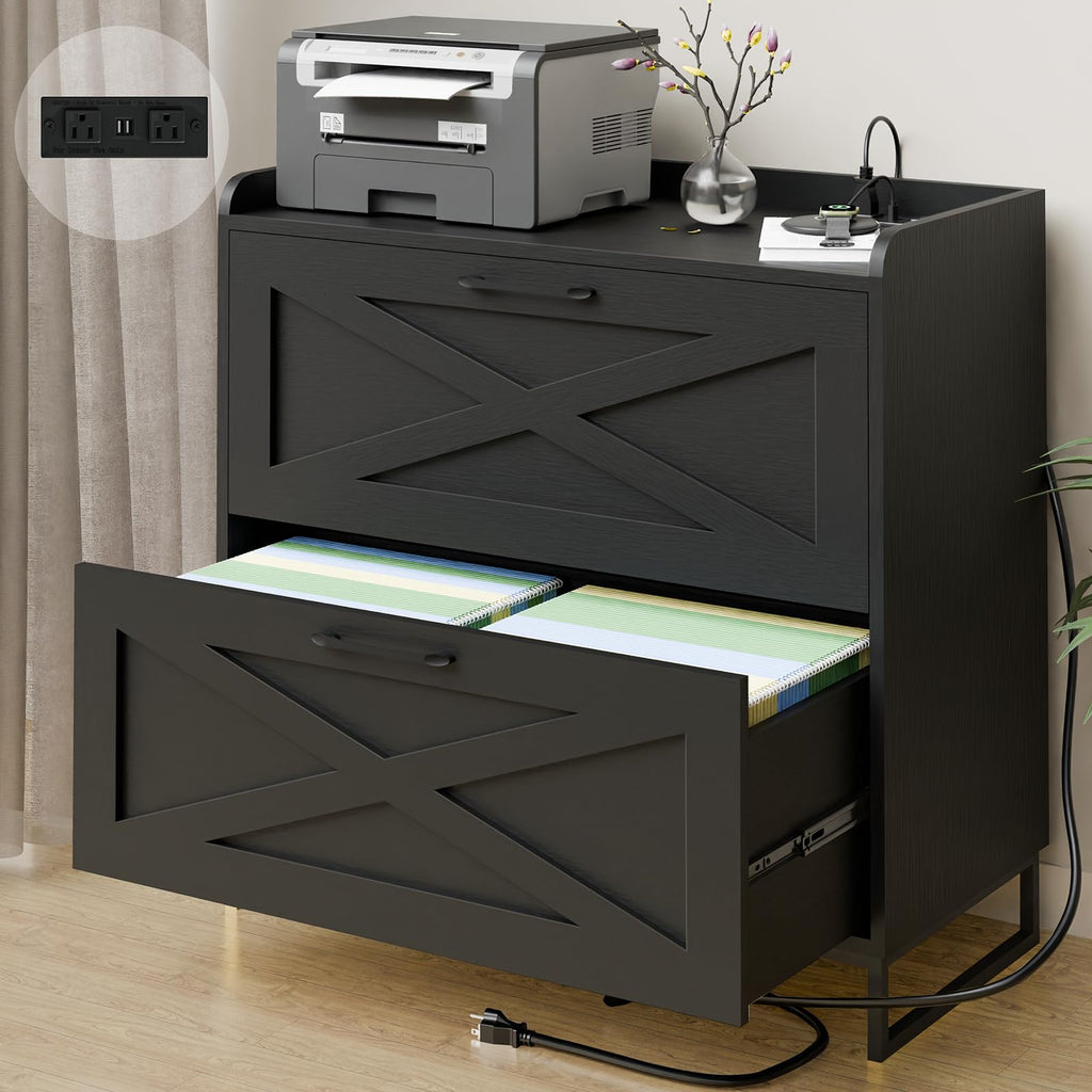 2 Drawer Black File Cabinet with Charging Station I108737