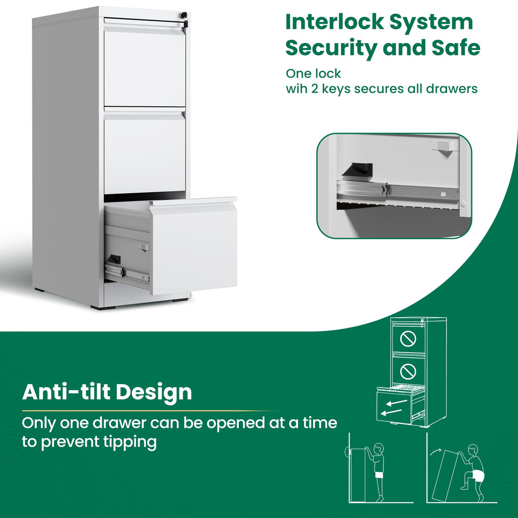 White 3 Drawer Metal File Cabinet with Lock Q77286