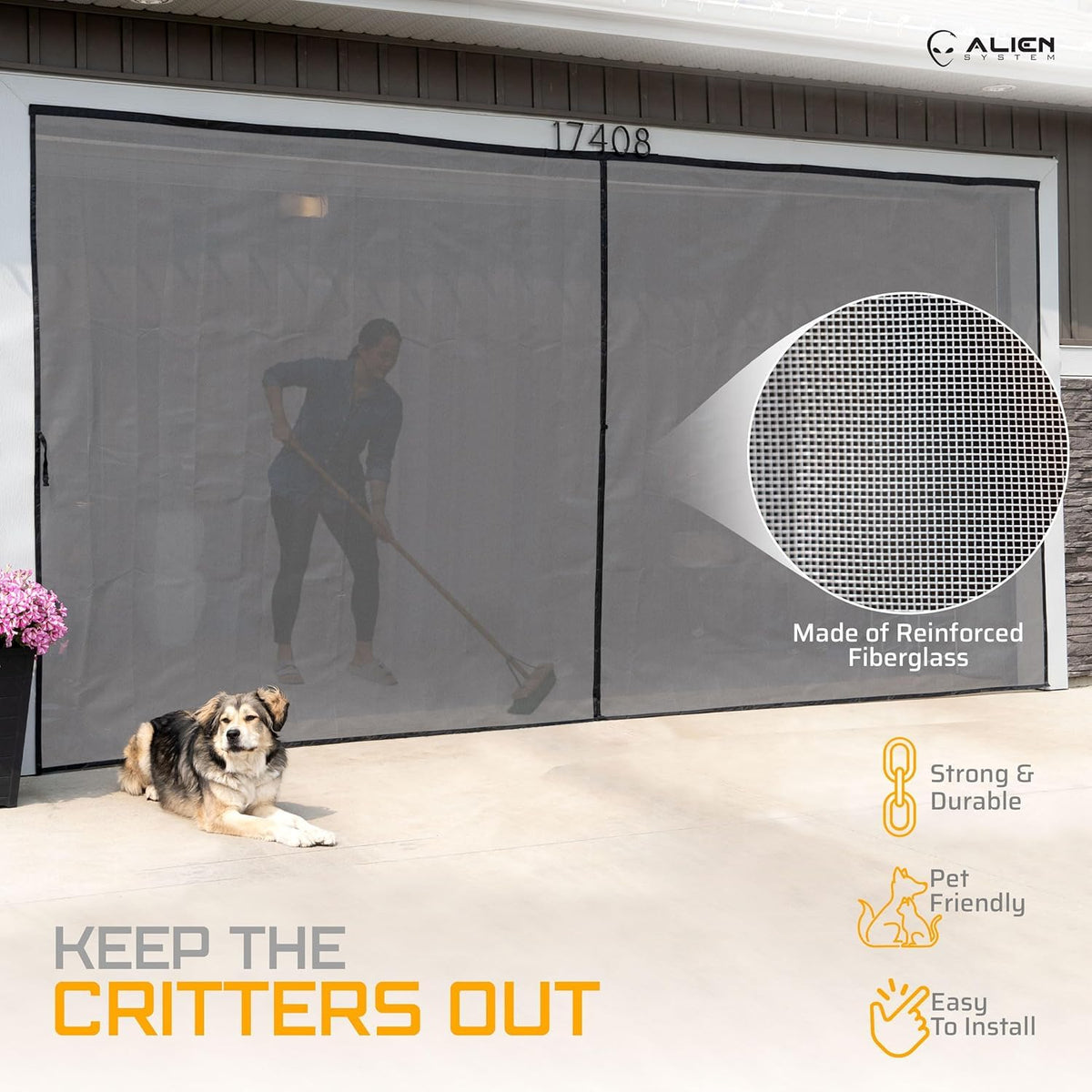 Magnetic Garage Door Screen 16x7 ft Fiberglass Mesh S29764