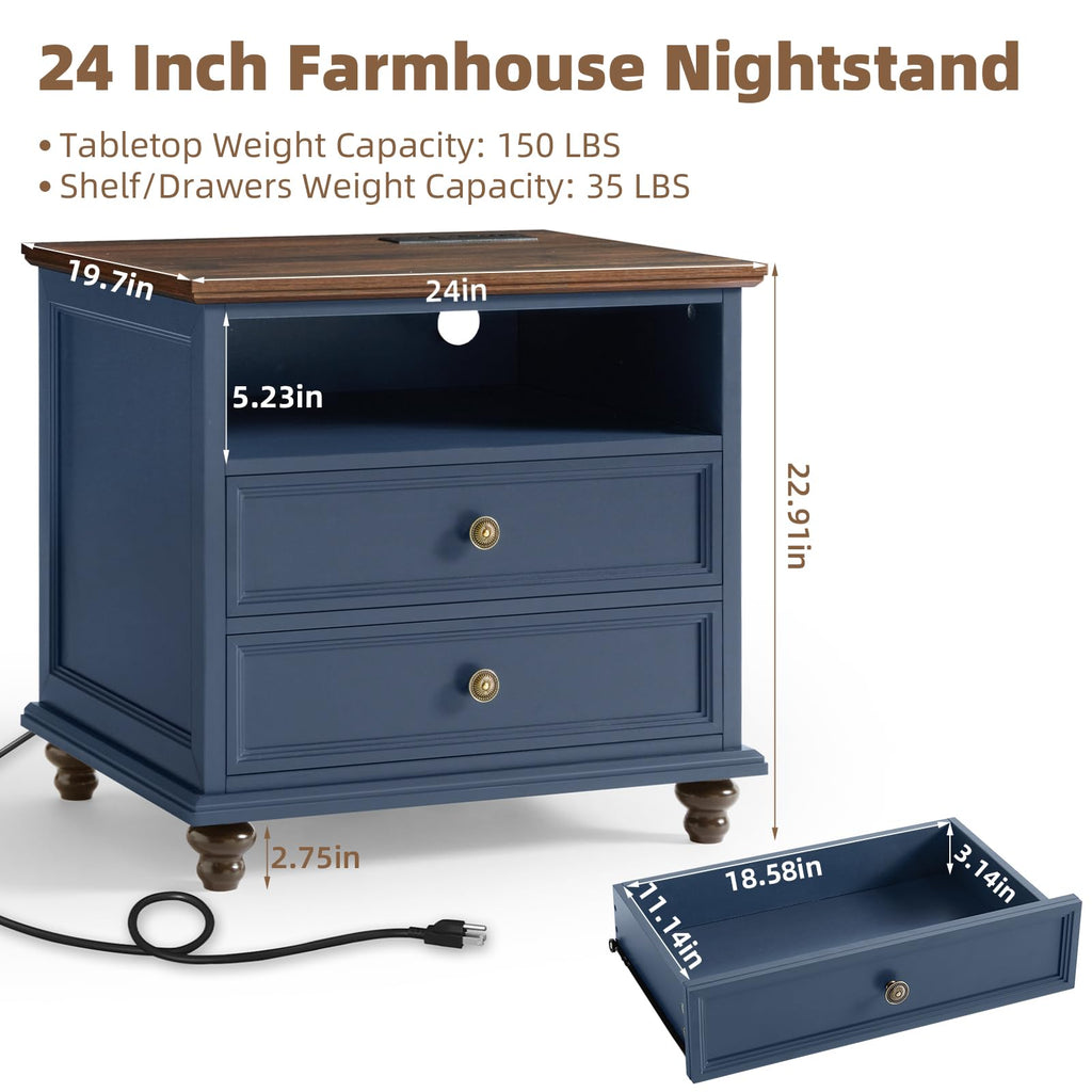 Blue 2 Drawer Nightstand Set of 2 with Charging Station Z567318