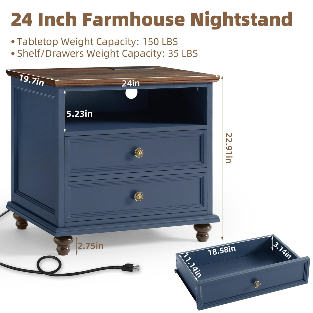 Blue 2 Drawer Nightstand Set of 2 with Charging Station Z567318