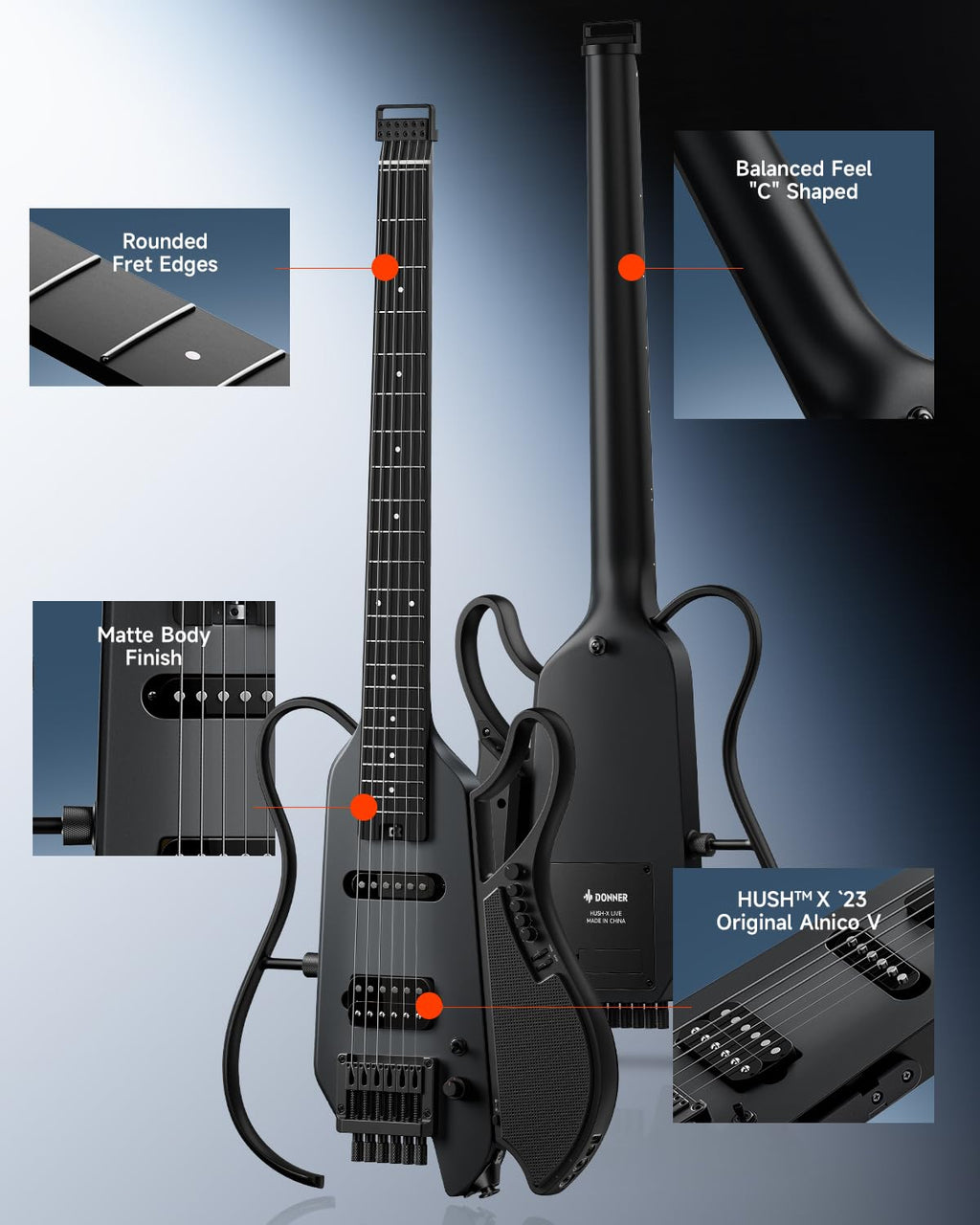 Black Headless Electric Guitar with Detachable Speaker S41253