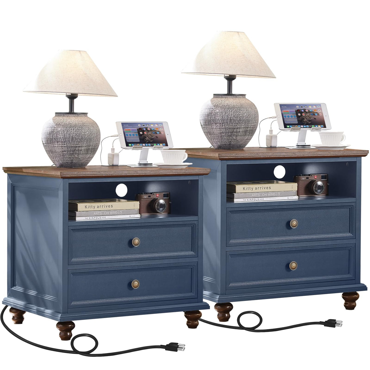 Blue 2 Drawer Nightstand Set of 2 with Charging Station Z567318