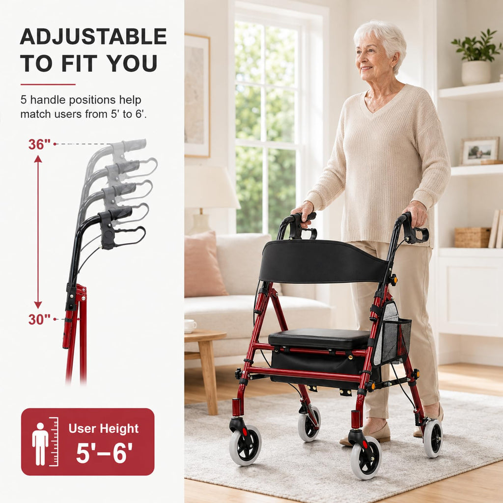 Foldable Rollator Walker with Seat, 300 Lb Capacity, Red D336