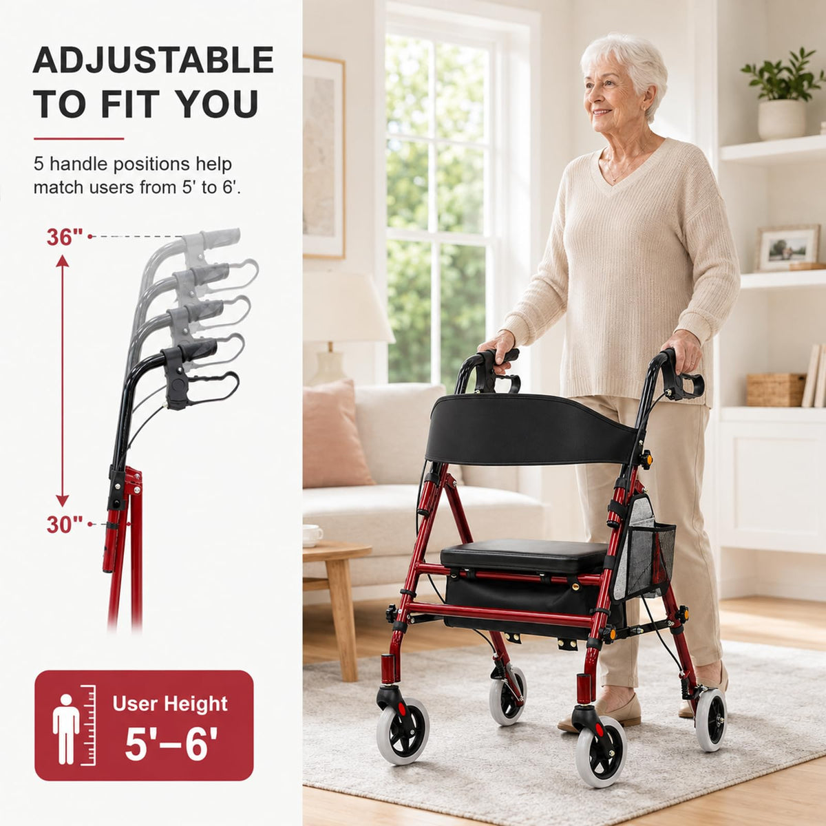 Foldable Rollator Walker with Seat, 300 Lb Capacity, Red D336