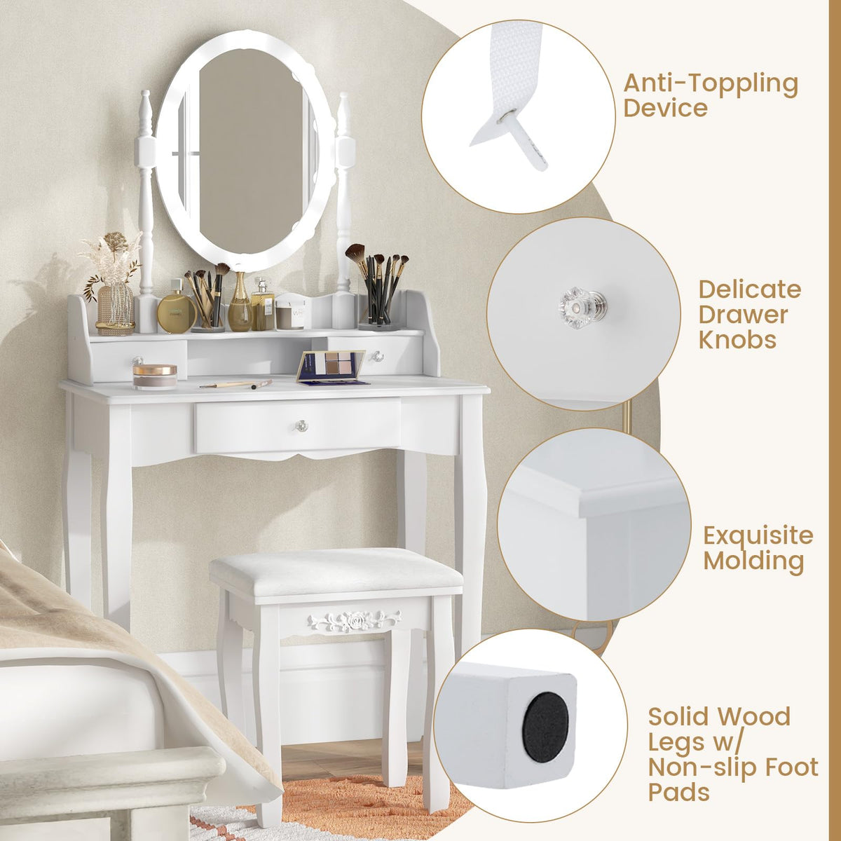 White Makeup Vanity Desk with Lighted Mirror and Stool O6534