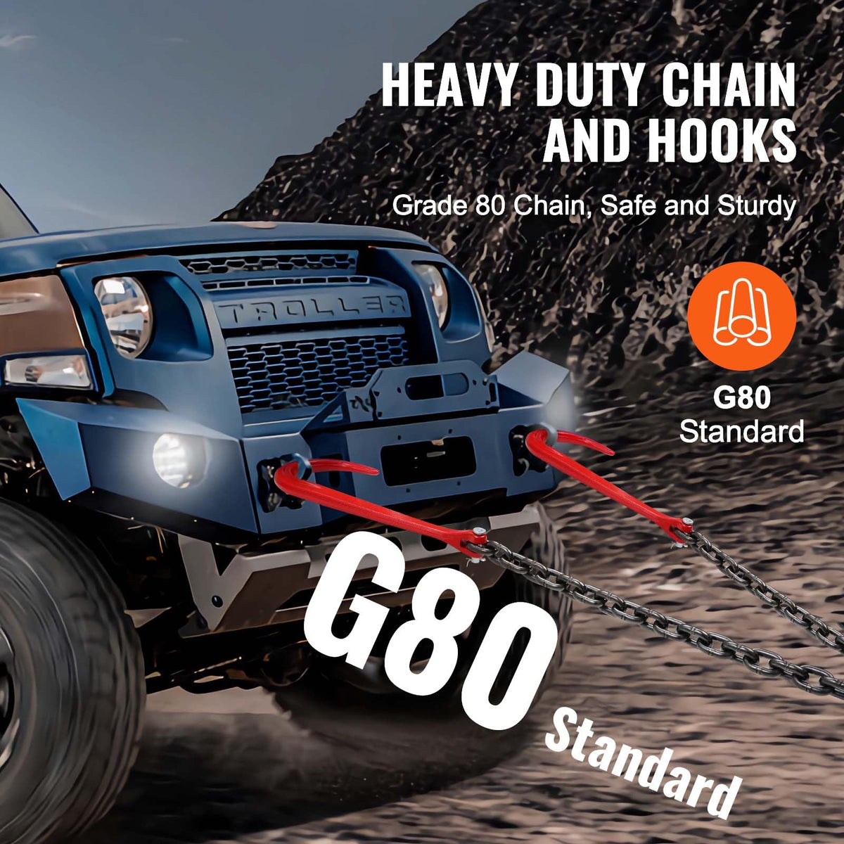 3/8" x 3' G80 V Bridle Towing Chain with J Hooks and Grab Hooks T4407