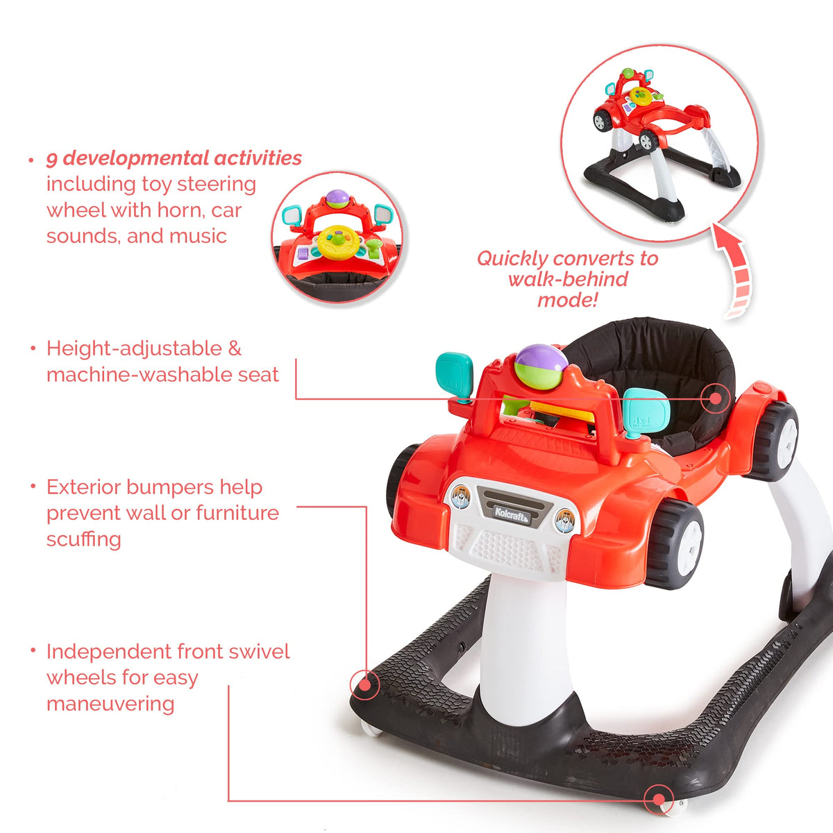 2-in-1 Baby Push Walker with Wheels, Seated or Walk-Behind, Racer Red E407