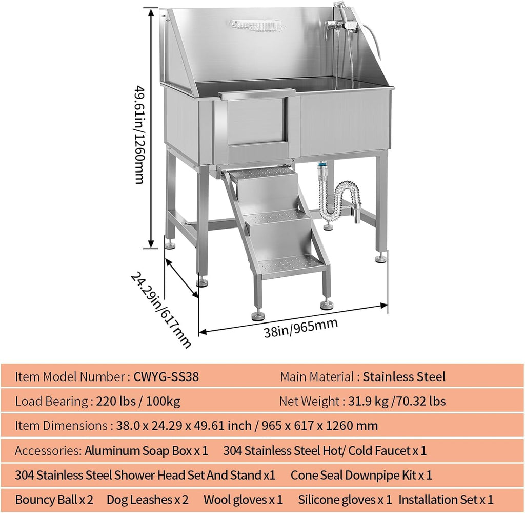 38" Stainless Steel Dog Grooming Tub with Anti-Slip Stairs T780083