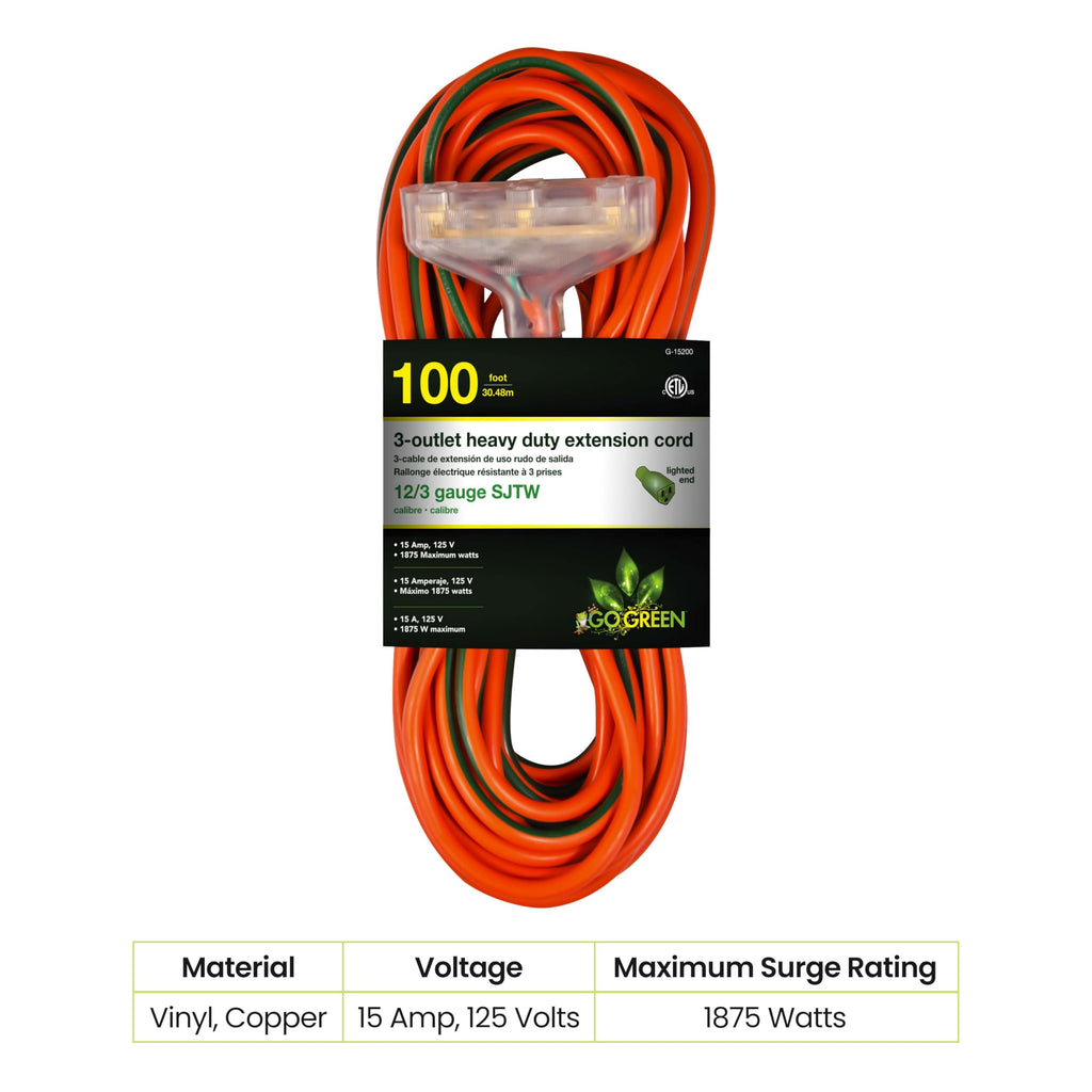 100ft Heavy Duty 3-Outlet Extension Cord F716