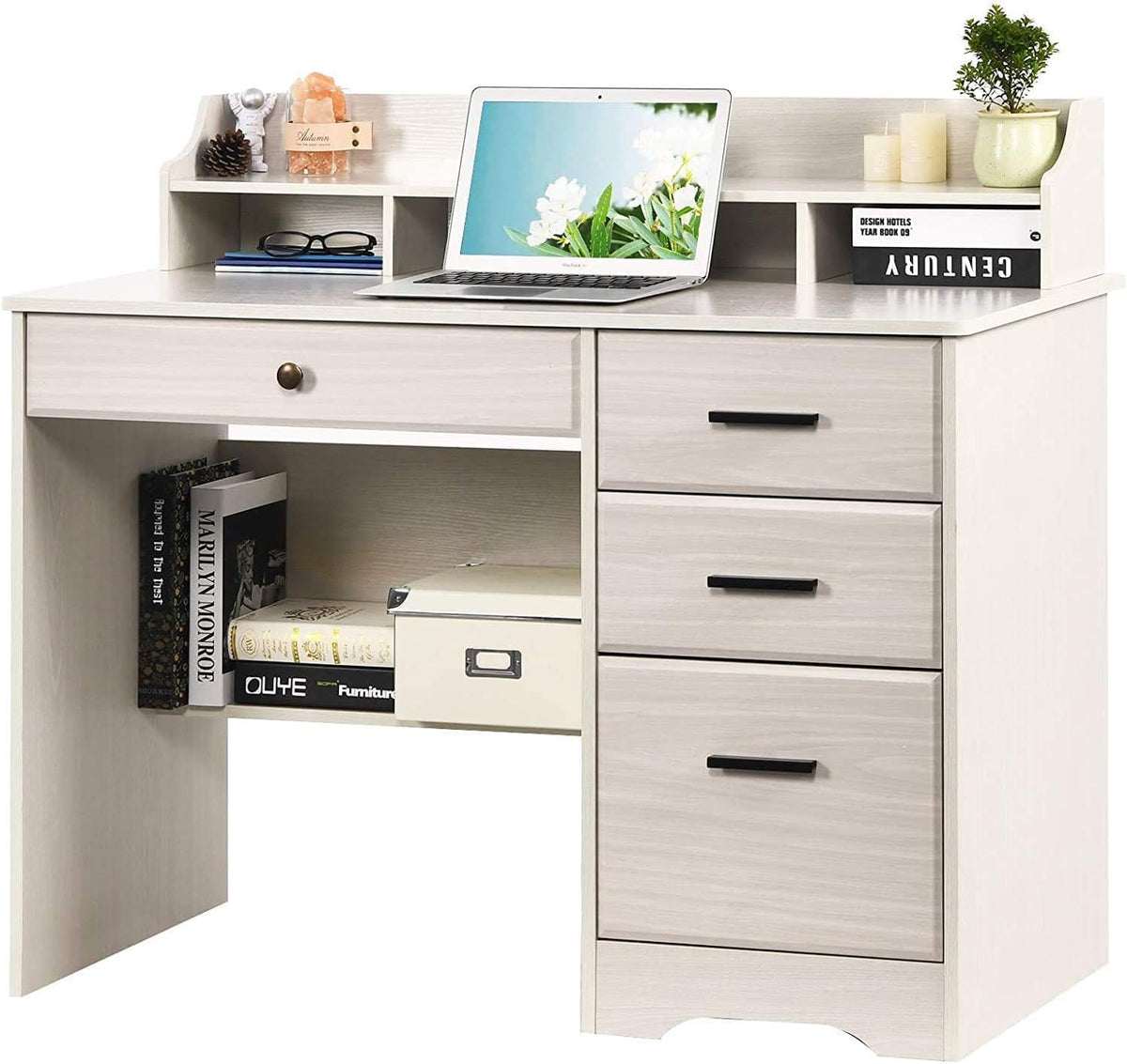 Warm White Wood Computer Desk with Drawers and Hutch C7582