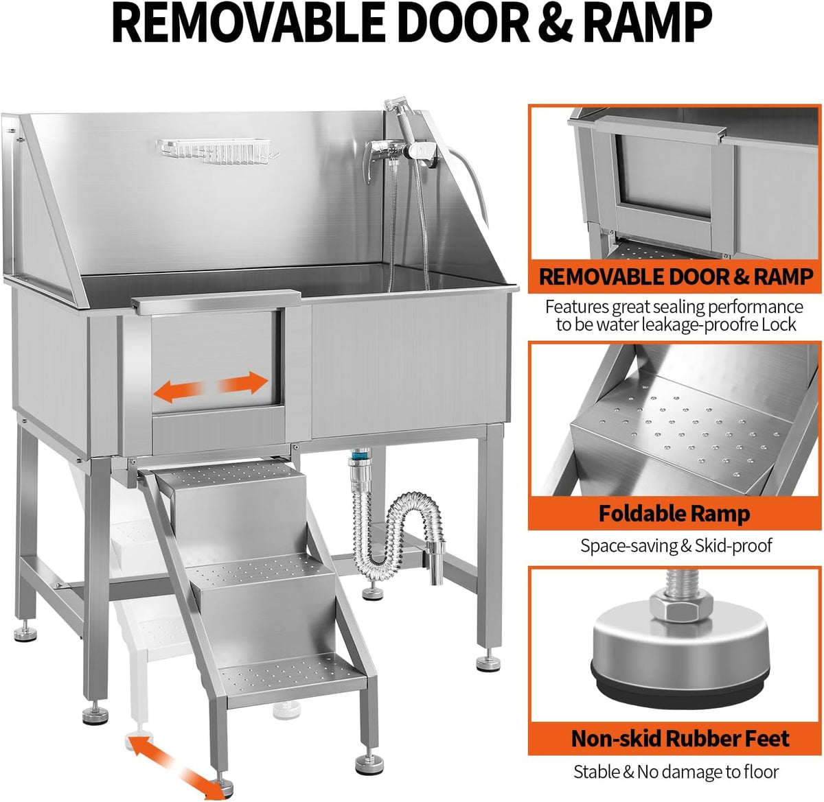 38" Stainless Steel Dog Grooming Tub with Anti-Slip Stairs T780083