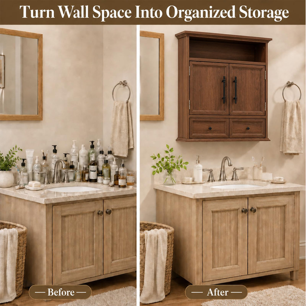 24" Wall Mounted Bathroom Storage Cabinet with Adjustable Shelf, Open Shelf, Double Doors and Drawer, Walnut V45325