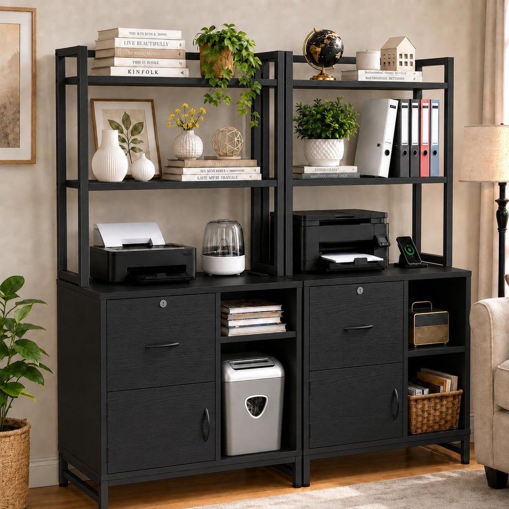 Black Vertical Filing Cabinet with Bookshelf J225