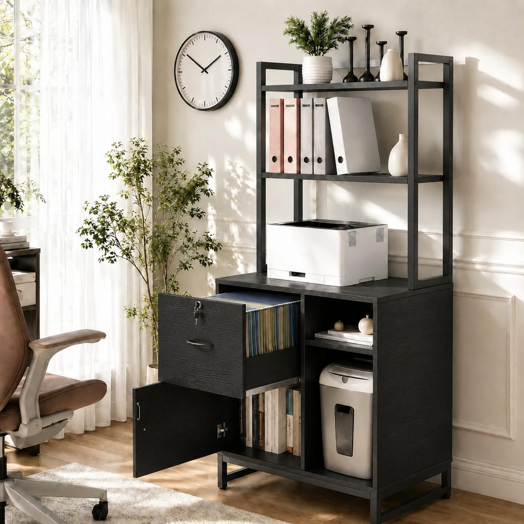 Black Vertical Filing Cabinet with Bookshelf J225