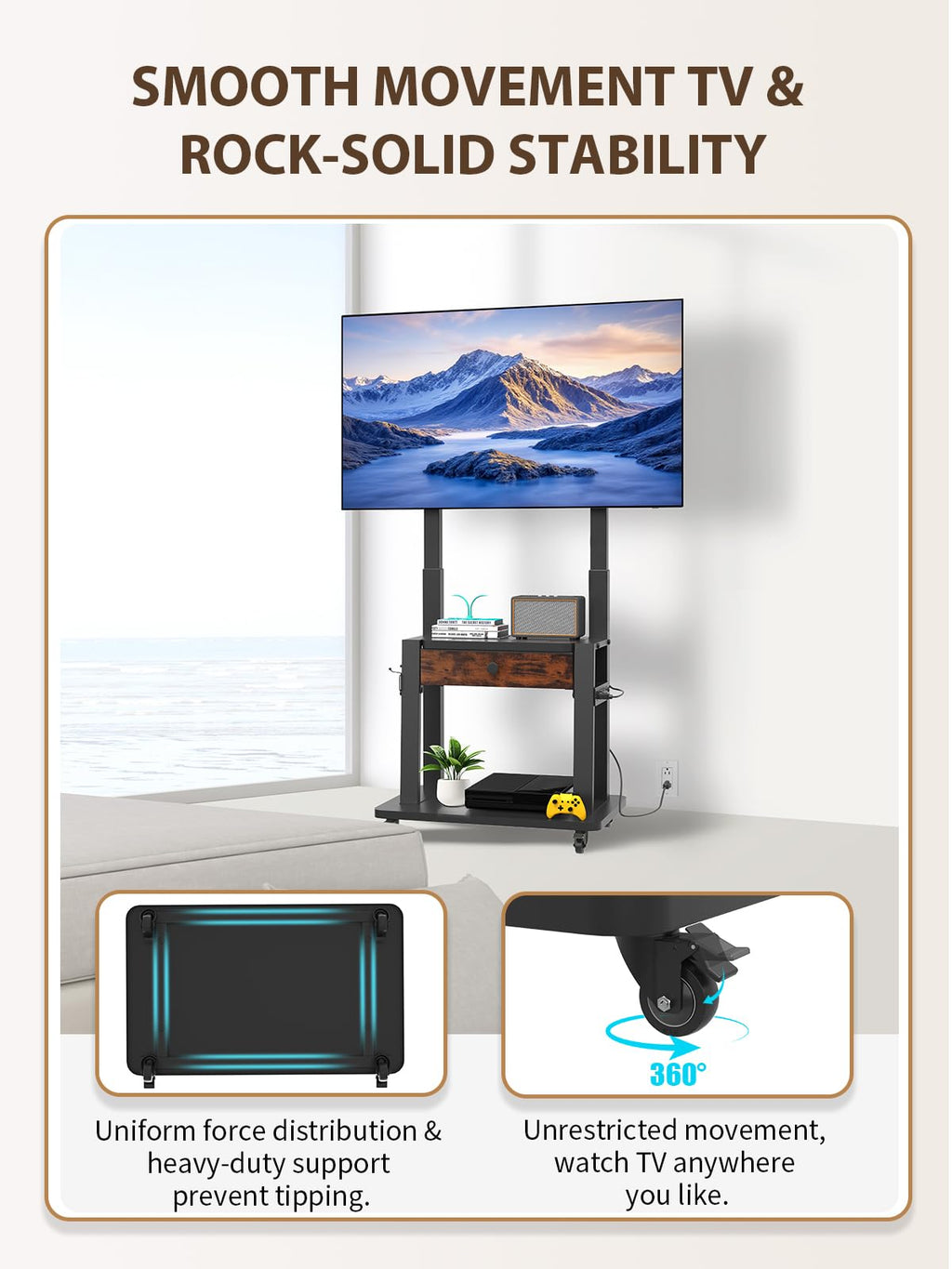 Black Rolling TV Stand with Power Outlet for 32-75 Inch Screens S407427