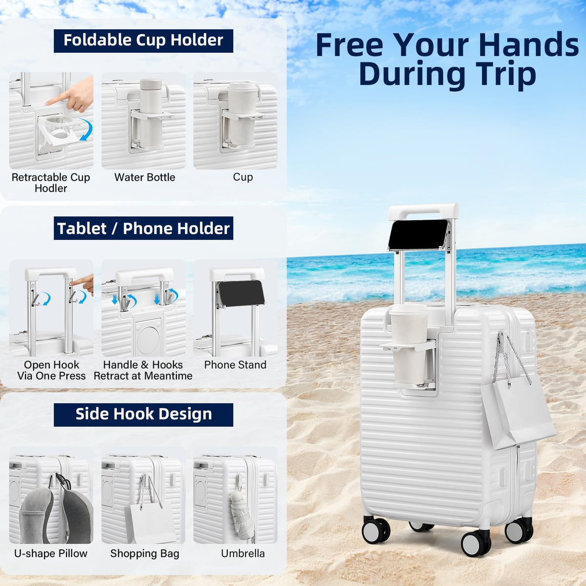 20 Inch White Hard Shell Carry on Luggage with Wheels K301624
