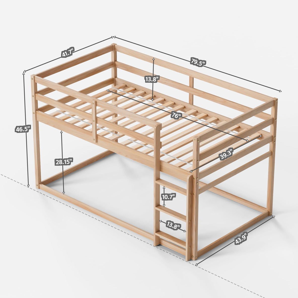 Twin Over Twin Low Bunk Bed with Ladder and Guardrails S785