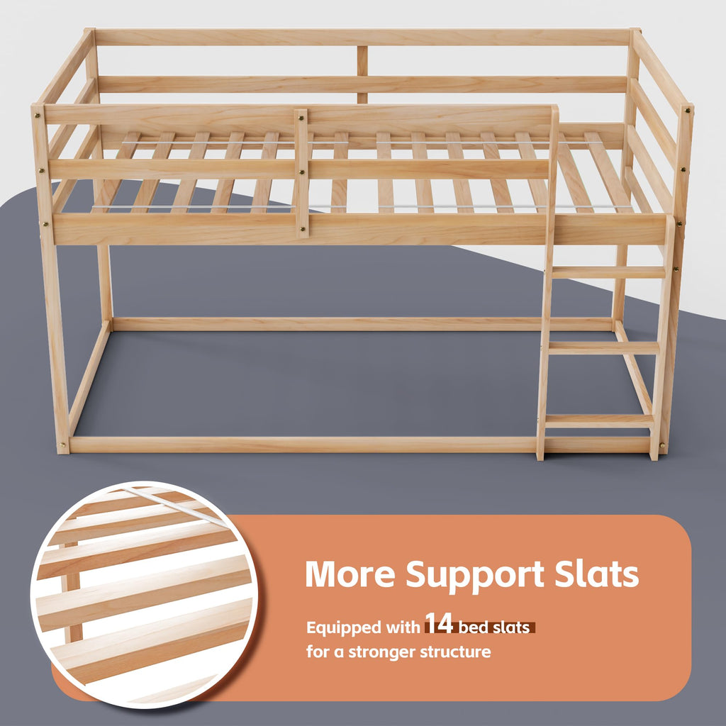 Twin Over Twin Low Bunk Bed with Ladder and Guardrails S785