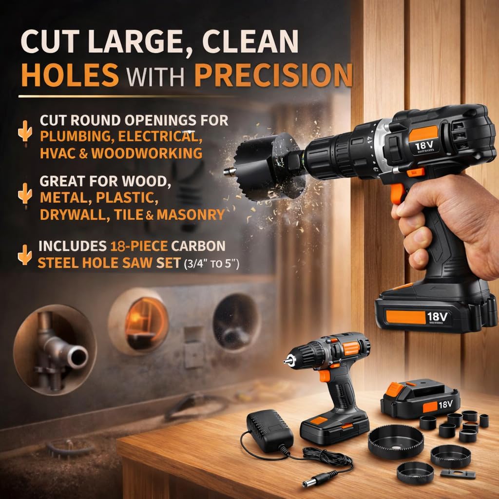 18V Cordless 3/8 in. Drill Driver & Hole Saw Kit with Battery and Charger N6556