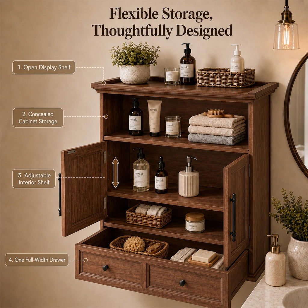 24" Wall Mounted Bathroom Storage Cabinet with Adjustable Shelf, Open Shelf, Double Doors and Drawer, Walnut V45325