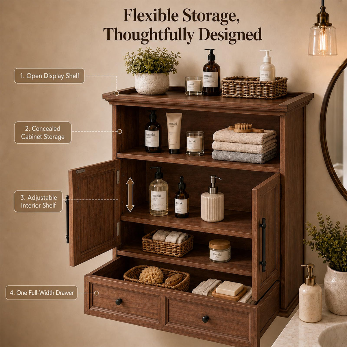 24" Wall Mounted Bathroom Storage Cabinet with Adjustable Shelf, Open Shelf, Double Doors and Drawer, Walnut V45325
