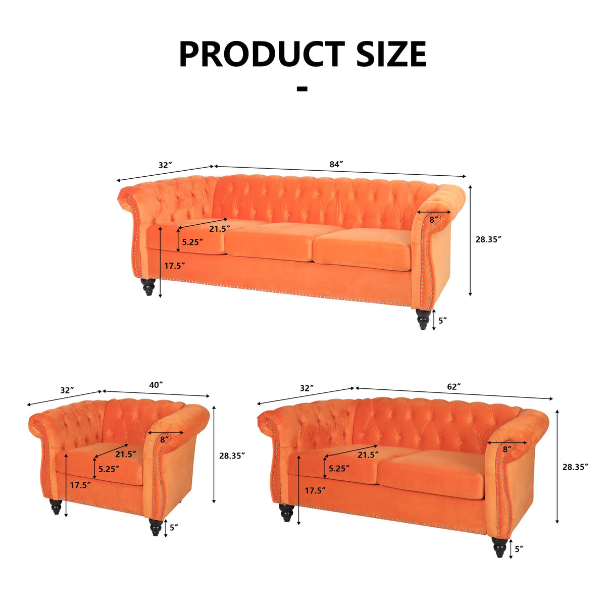 Orange Velvet Tufted Sofa Set U4015