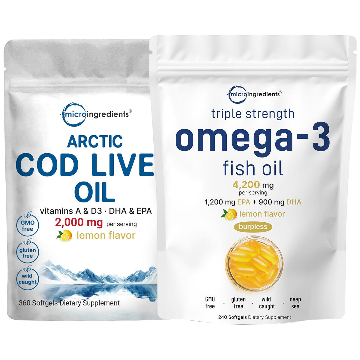Omega 3 Fish Oil 4200mg & Cod Liver Oil 2000mg 360 Softgels Lemon Flavored E399