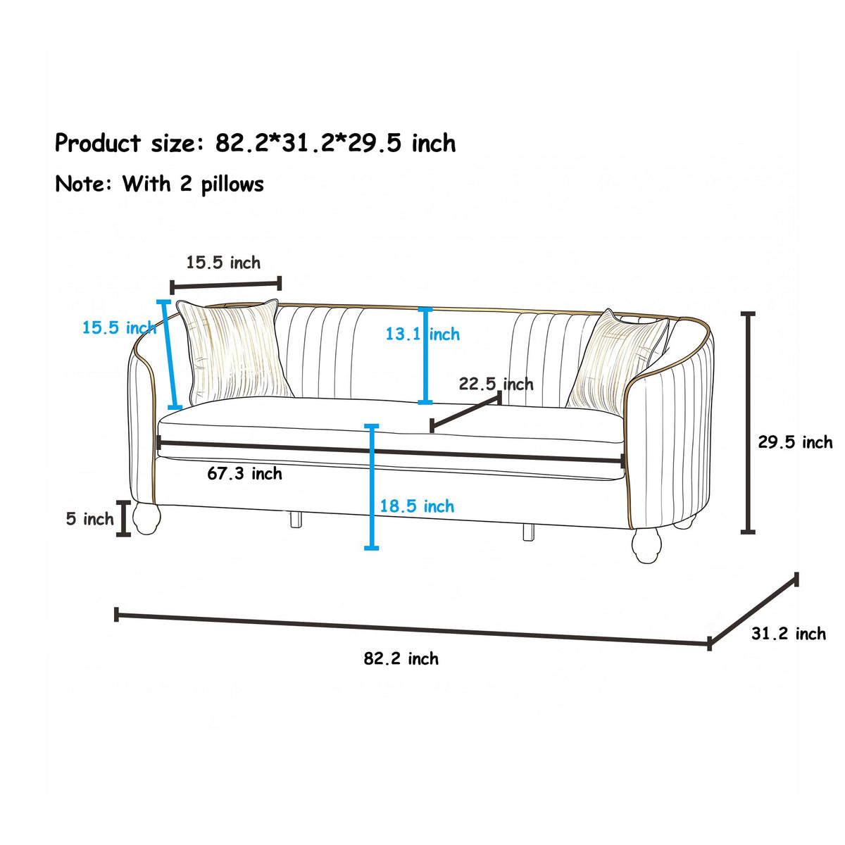 Velvet Modern Sofa Couch 3-Seater Deep Seat Sofa, Orange Y68590