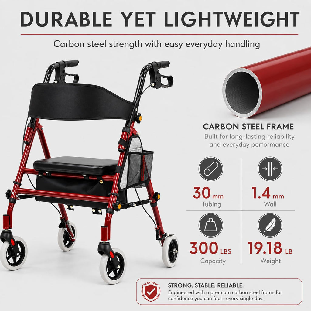 Foldable Rollator Walker with Seat, 300 Lb Capacity, Red D336