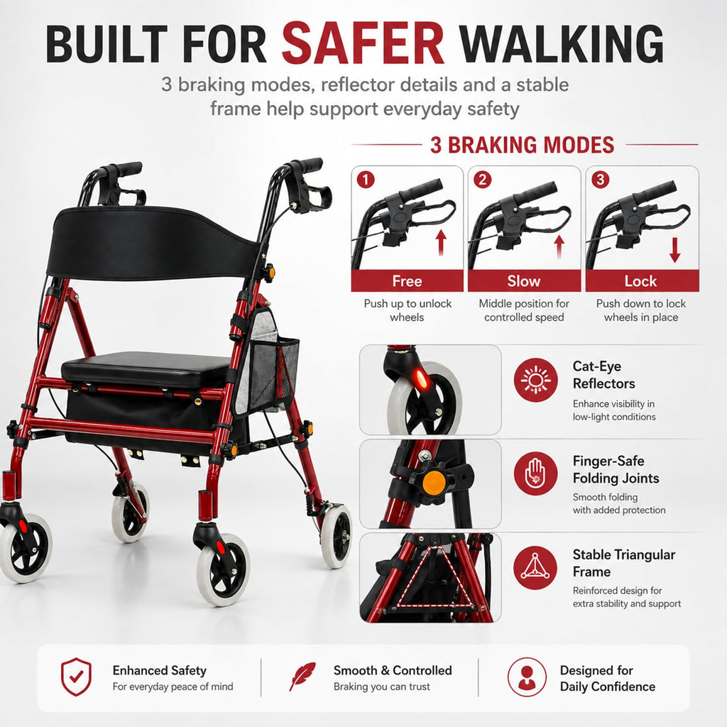 Foldable Rollator Walker with Seat, 300 Lb Capacity, Red D336