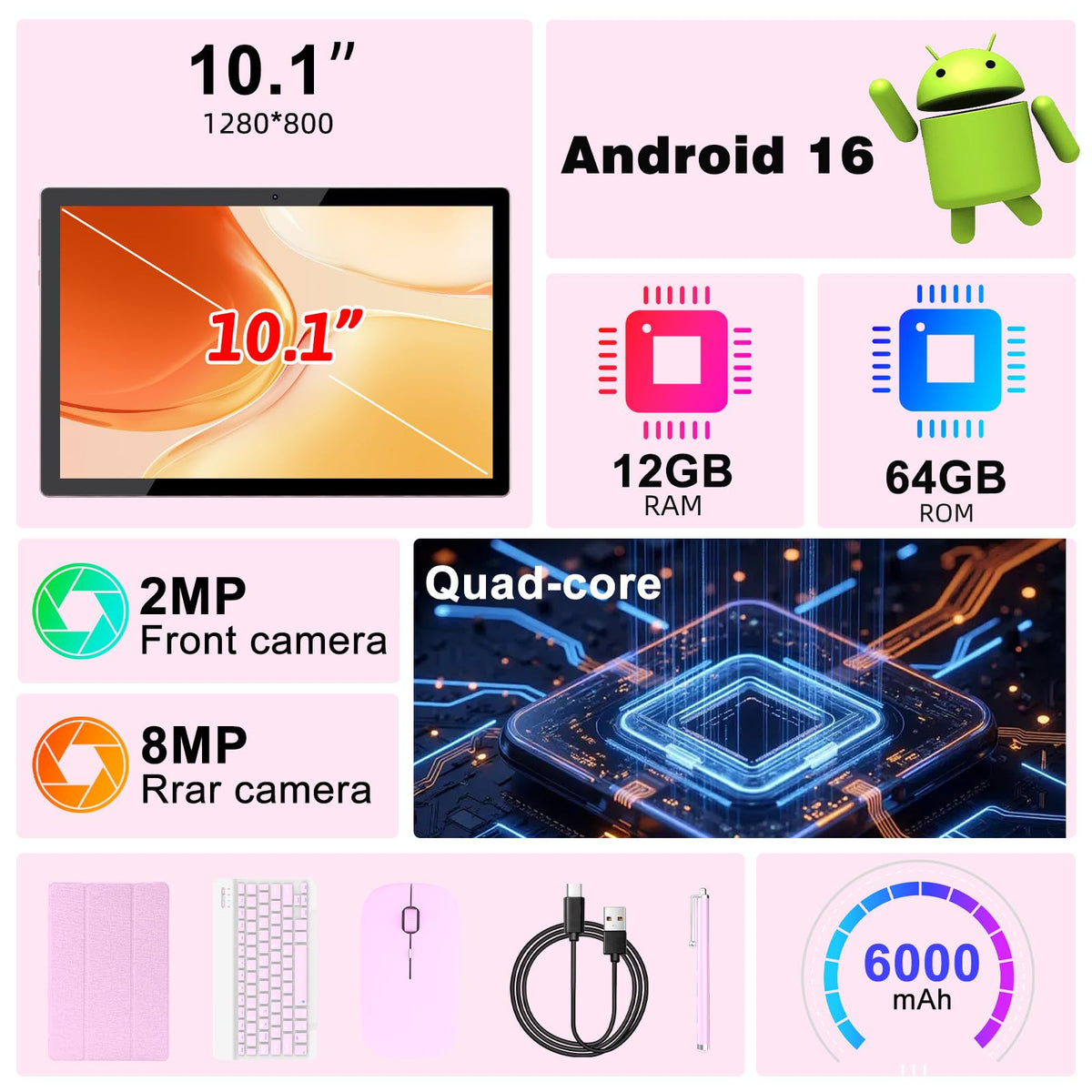 Android 16 10 Inch Tablet 12GB RAM 64GB ROM Pink D9895
