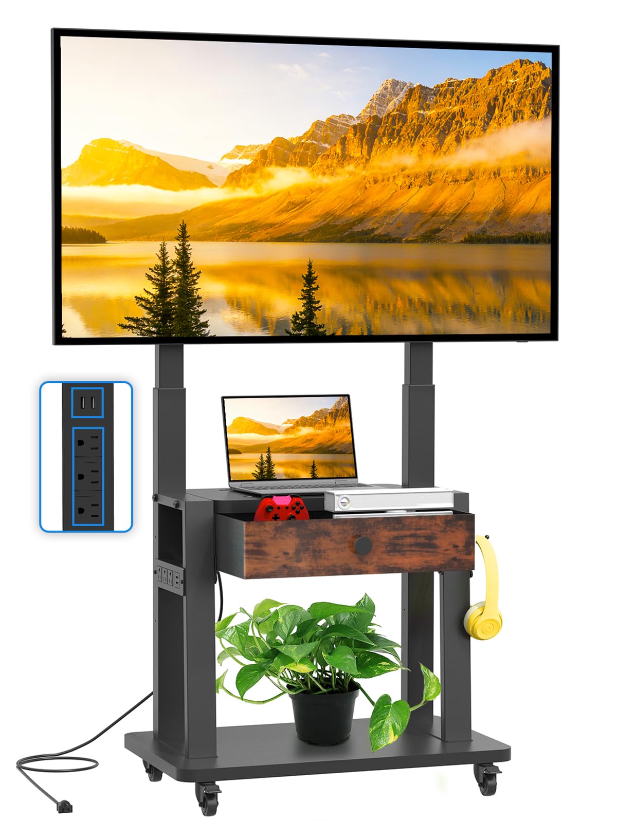 Black Rolling TV Stand with Power Outlet for 32-75 Inch Screens S407427