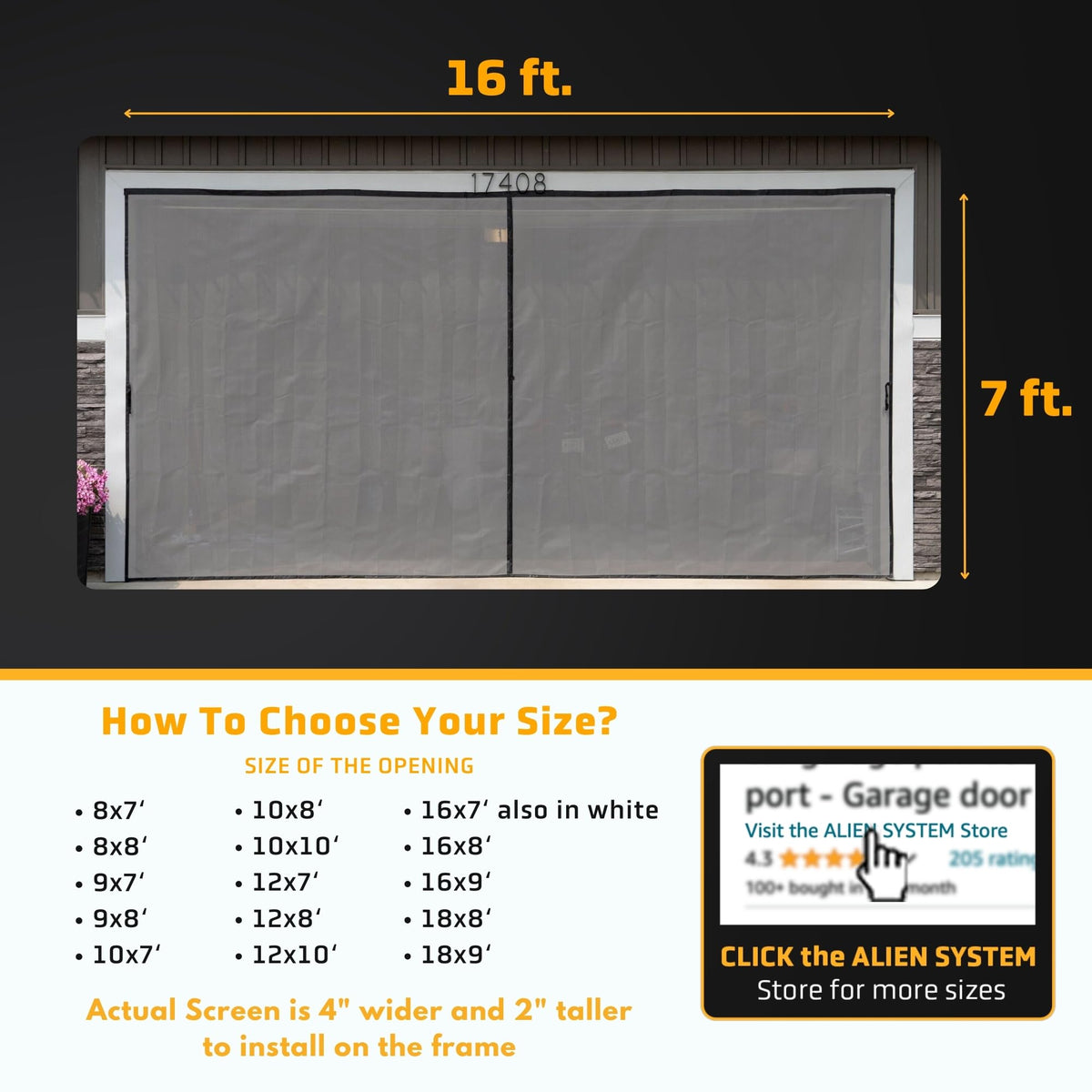 Magnetic Garage Door Screen 16x7 ft Fiberglass Mesh S29764