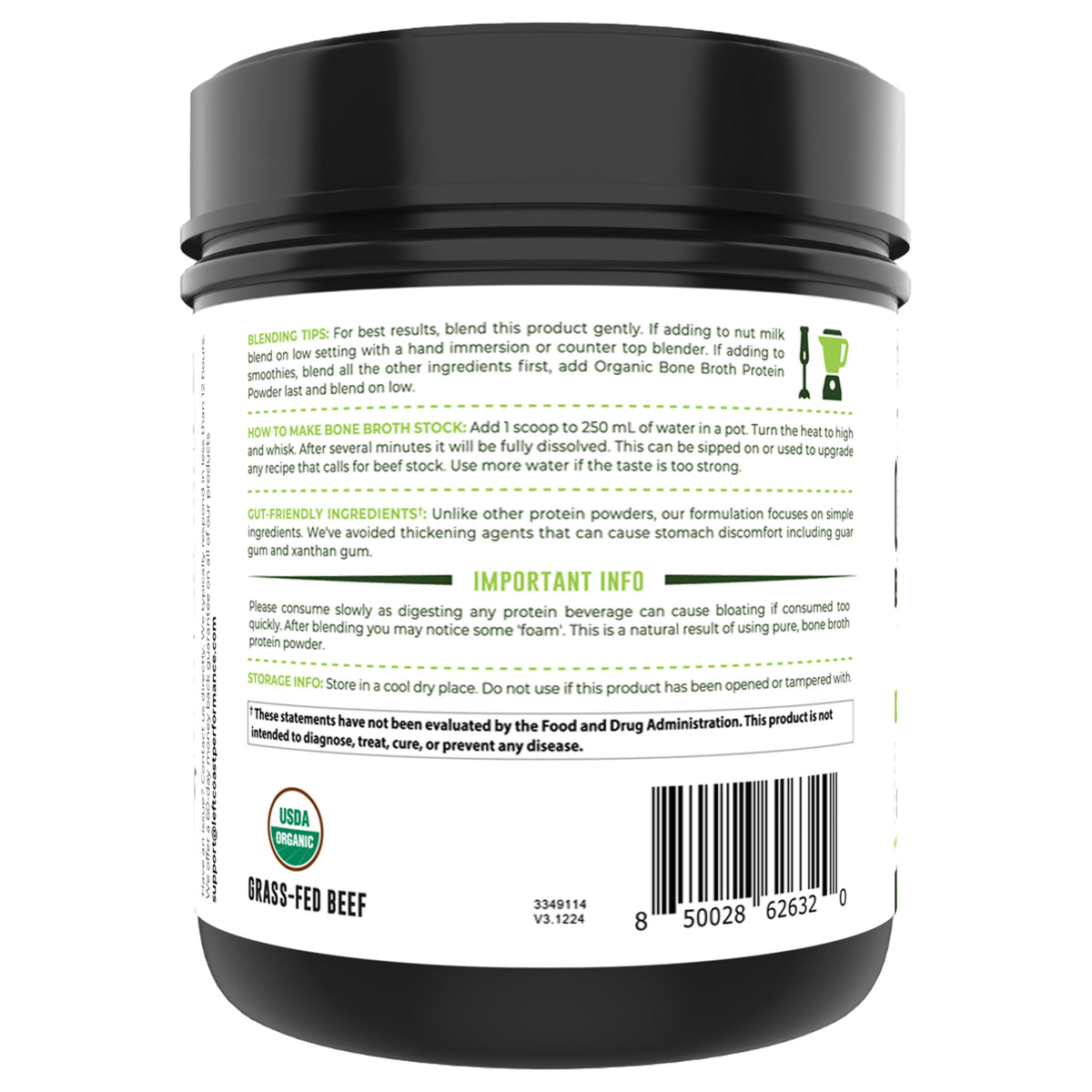 Organic Grass Fed Beef Bone Broth Protein Powder 16oz D645