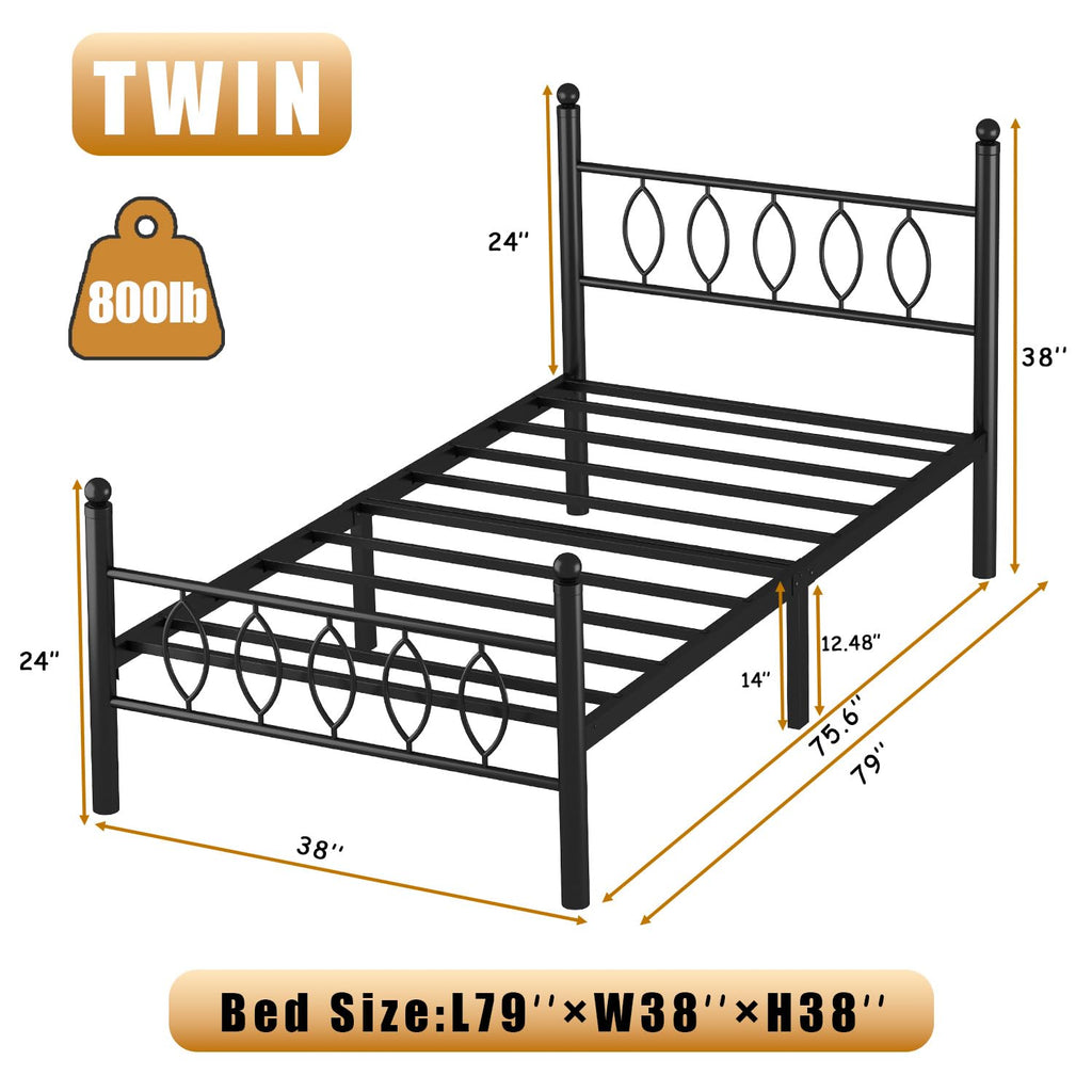 Black 14 Inch Metal Platform Twin Bed Frame with Headboard B2174