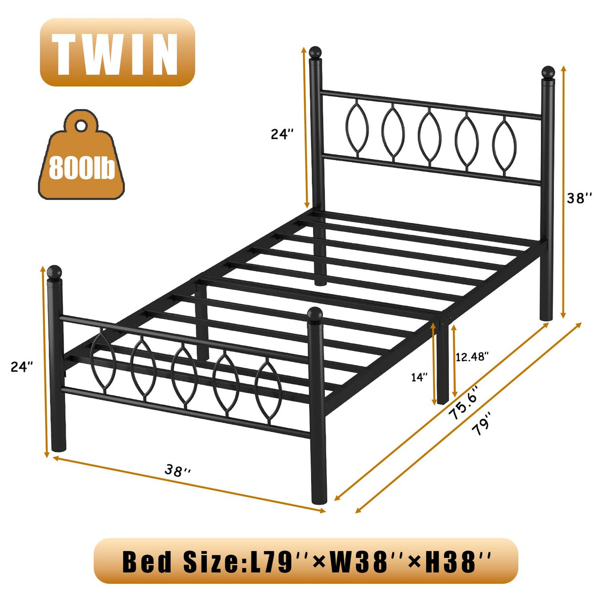 Black 14 Inch Metal Platform Twin Bed Frame with Headboard B2174