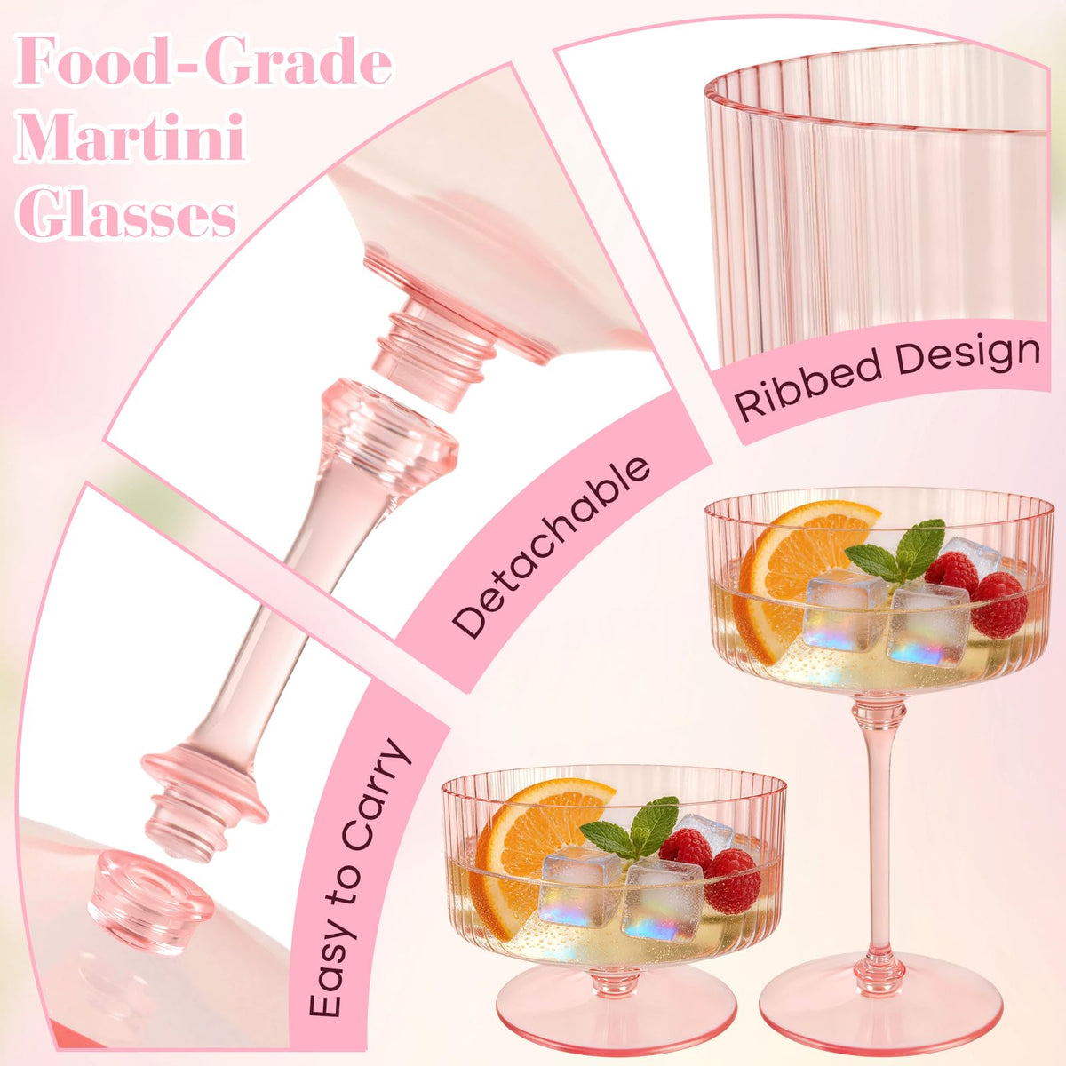 6 Pcs 10 Oz Pink Champagne Martini Glasses Set B106
