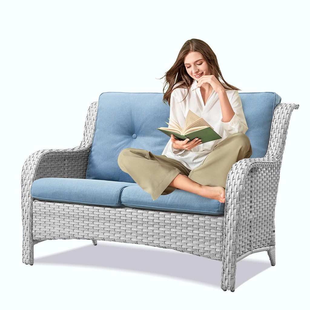Light Gray Wicker Rattan Outdoor Loveseat Bench N95296