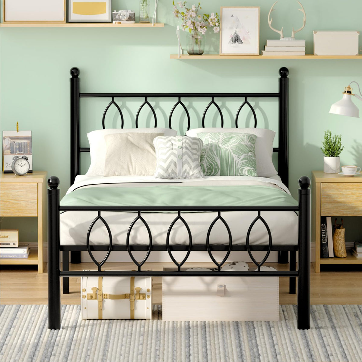 Black 14 Inch Metal Platform Twin Bed Frame with Headboard B2174