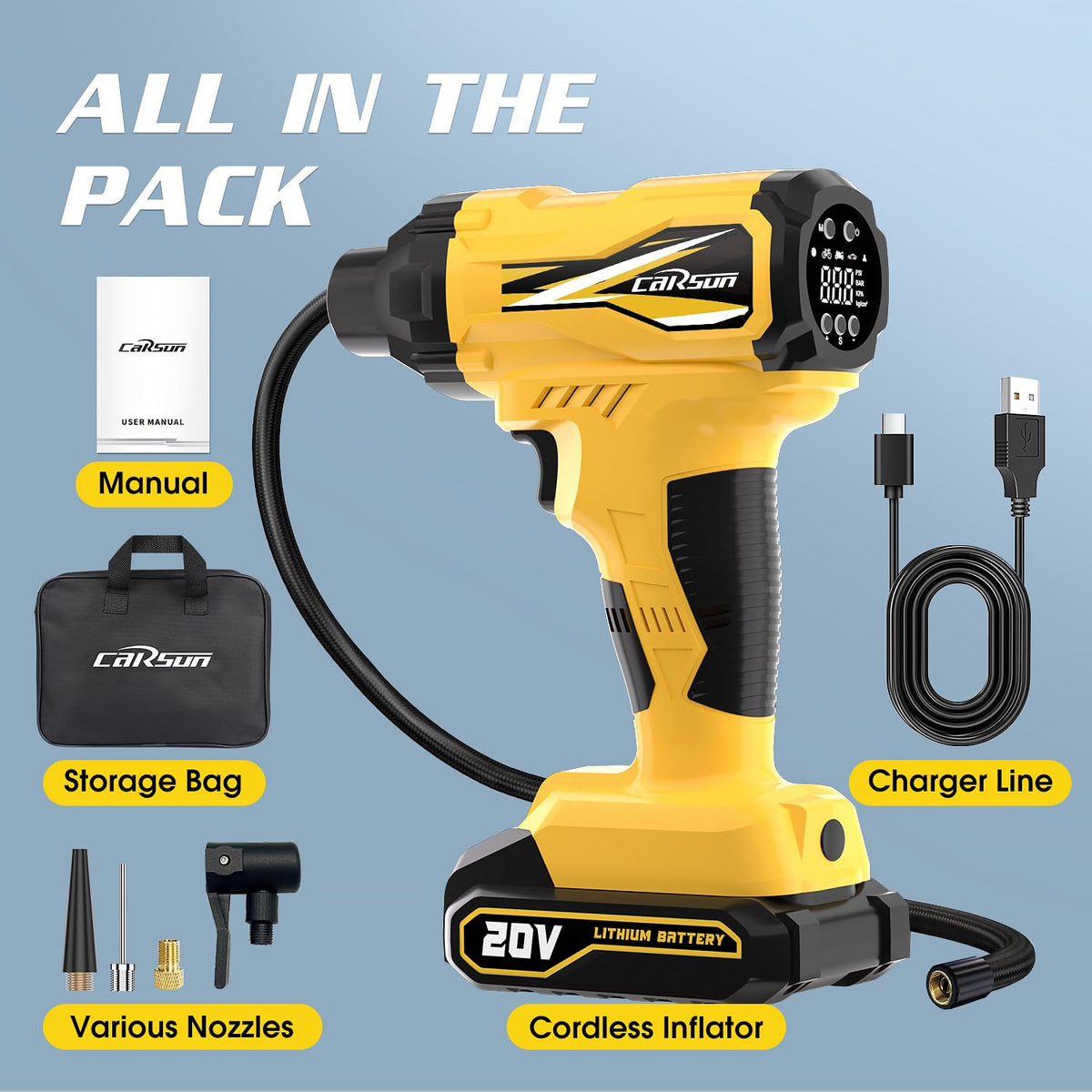 20V Cordless Portable Air Compressor 150 PSI Yellow R2698